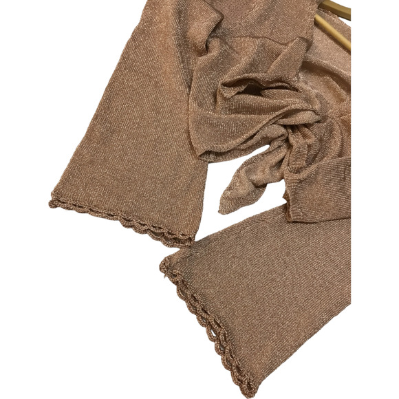 Dee Elly Metallic Shimmer Cropped Front Tie Bell Long Crochet Sleeve Rose Gold S - Picture 3 of 12